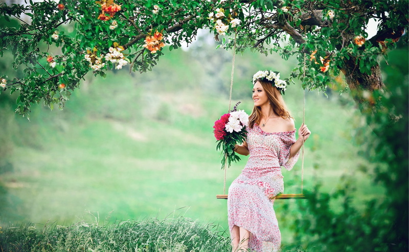 brunette, flower in hair, swings, Asian, women outdoors, dress, trees, women, sitting, flowers, grass, model, nature, 1080P, long hair