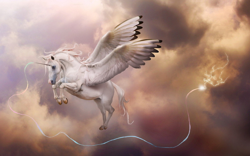 wings, pegasus, horn, 720P, unicorn, lightning, storm, sky, magic, art, clouds