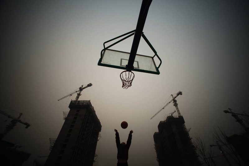 jump, Ball, surrounded, wasteland, shooting, teme, construction  cranes, cranes, silhouette, man, hoop, vigenette, China, 5K, save, worms eye view, Beijing