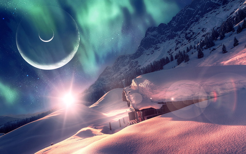 night, tranquility, black, sky, land, house, brown, snow, near, star - space, 1080P, environment, cloud - sky, coated, planet, landscape, beauty in nature