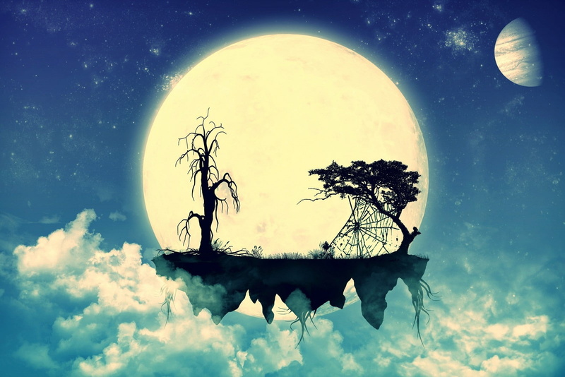 glowing, abstract, Moon, floating island, spiderwebs, clouds, silhouette, 720P