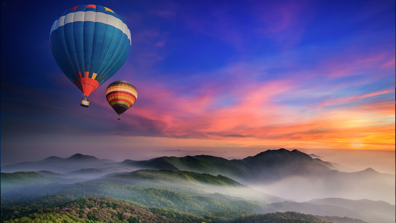 1080P, sunset, sky, landscape, hot air balloons
