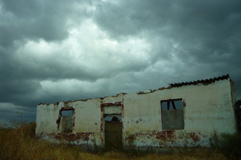 abandoned, landscape, built structure, no people, architecture, dark, outdoors, architectural, grass, collapse, ruins, storm cloud, beige, history, facade