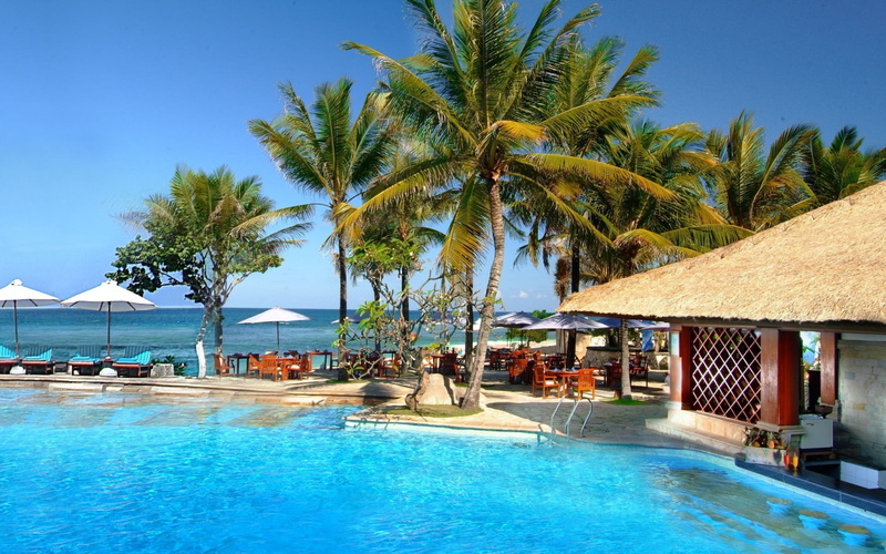 1080P, swimming pool, sea, bali, island, landscape, palm trees, beach umbrellas