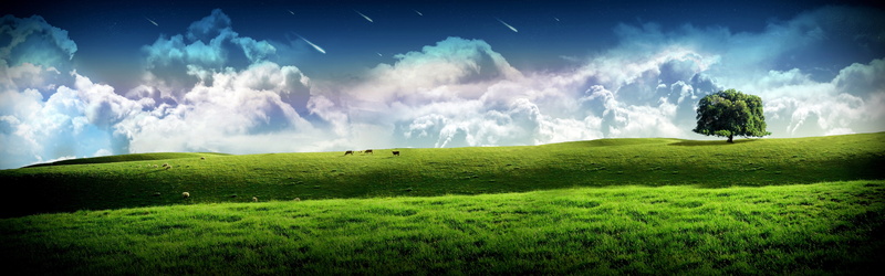 hill, trees, dual, art, multi, grass, manip, dream, clouds, sky, stars, screen, field, digital, green, 4K, monitor
