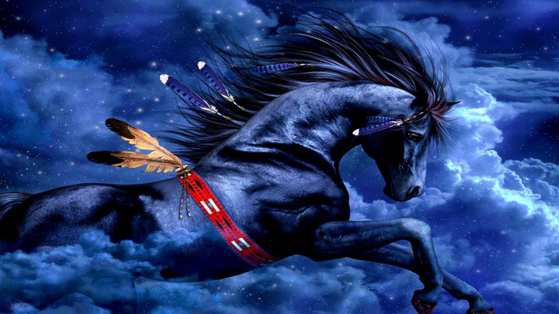 fantasy art, 4K, fantasy, starry, feather, night, dream, horse, cloud, stars