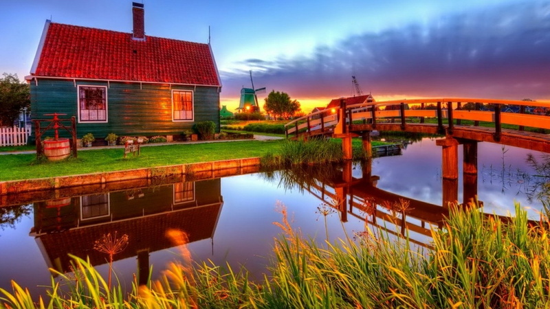 1080P, evening, footbridge, netherlands, canal, house, bridge, waterway, landscape, water, sunset, home, calm, sky, reflection, nature, theatrical scenery