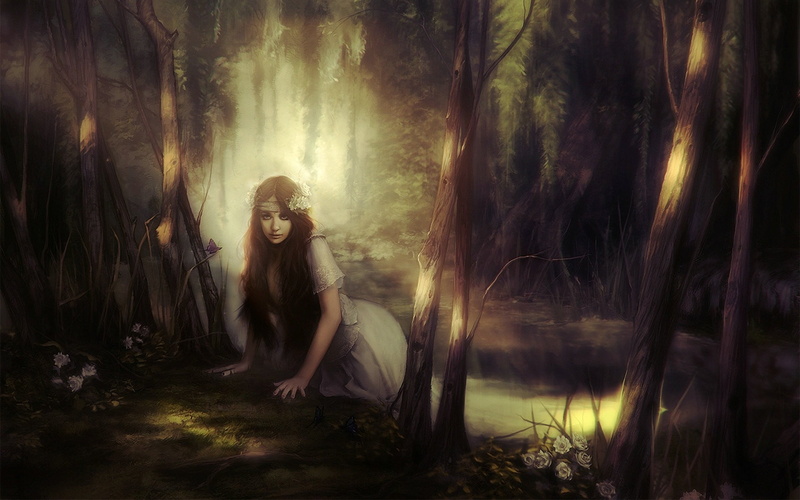 full length, beautiful woman, tree, sitting, brunette, river, young women, one person, forest, women, land, 1080P, hairstyle, fairy tale, clothing, trees