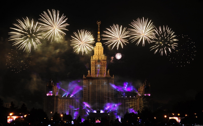 russia, night, fireworks, cityscape, 2K, university, moscow, building, lomonosov, hd