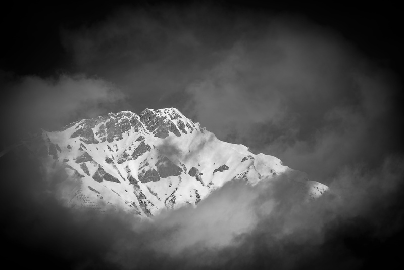 tranquility, no people, winter, environment, cloud - sky, scenics - nature, 5K, nature, snowcapped mountain, grayscale, snow, mountain peak, snowcovered
