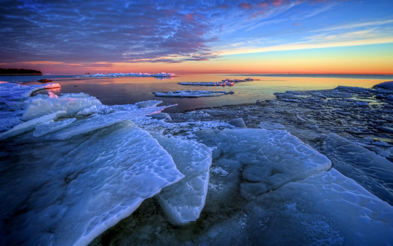 lake, frozen, sunset, 1080P, iceberg, landscape