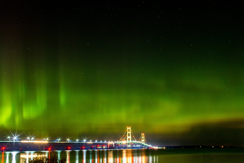 mackinac bridge, sea, michigan, no people, sky, illuminated, architecture, aurora borealis, built structure, power in nature, space, star - space, night