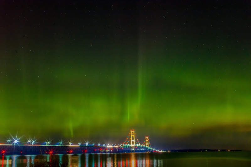 sky, night, architecture, space and astronomy, mackinac bridge, outdoors, transportation, yellow, scenics - nature, tourism, astronomy, scenic, bridge