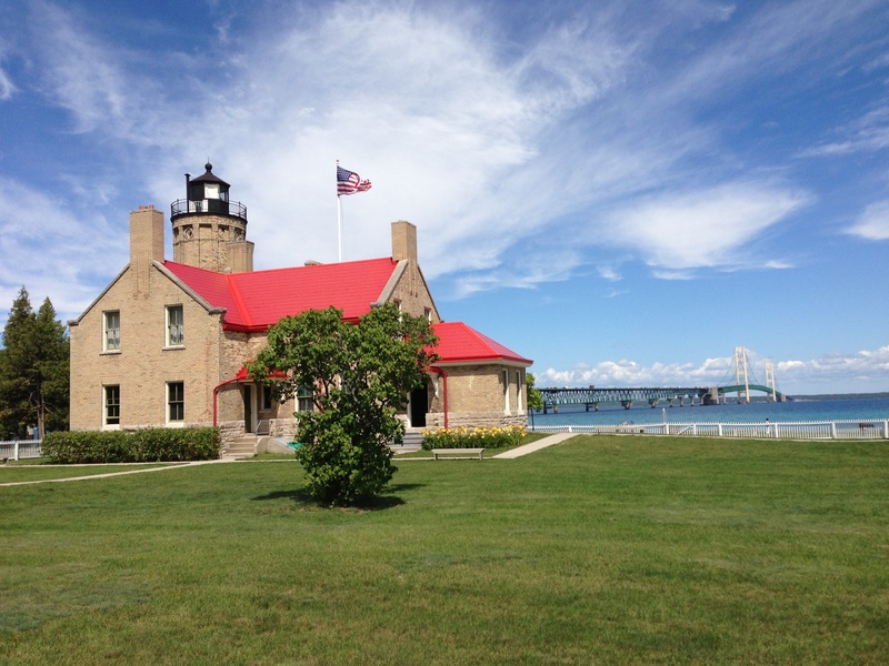 day, flag, suspension bridge, grass, old mackinac point lighthouse, red, bridge, cloud - sky, mackinac city, building, sky, skies, house, great lakes, nature