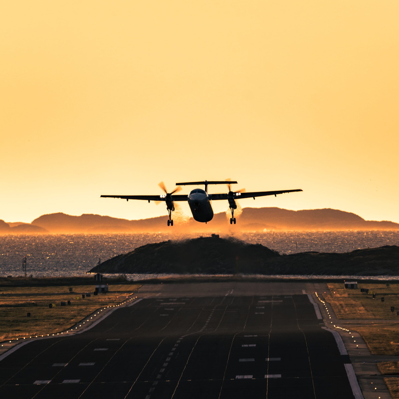 air vehicle, mode of transportation, sky, sunset, bodø, orange color, travel, airplane, orange, departure, no people, on the move, airport, fly, airport runway