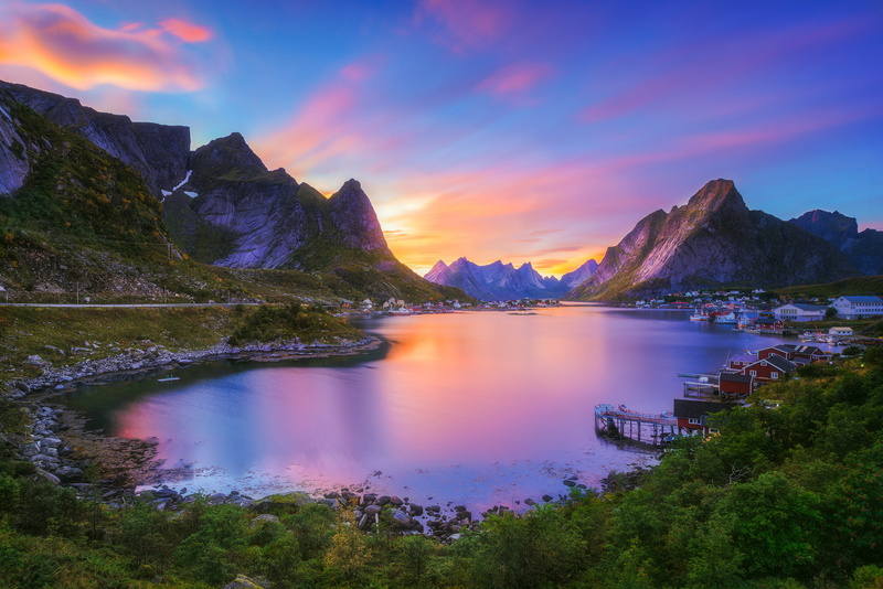 sunset, cloud - sky, nature, Gravdalsbukta, The Lofoten Islands, Pure, Nordland, trees, no people, reflection, Norway, mountains, Lofoten archipelago, lake