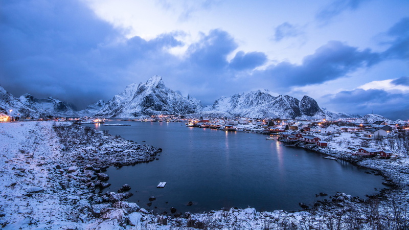 tranquil scene, norwegian sea, scenics - nature, ice, lagoon, norway, nature, sky, sea, village, environment, frozen, nordland, fjord, snowcapped mountain
