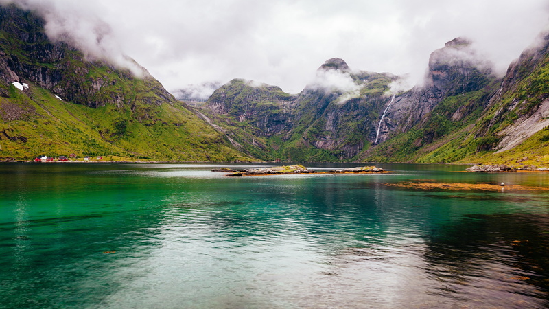 4K, Norway, mountains, Nordland, clouds, the fjord, body, Lofoten, Soervaag, water