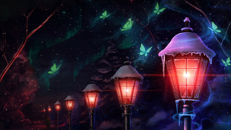 light, night, 1080P, moths, street light, night light, midnight, butterflies, lighting, darkness, fantasy art, illuminating, winter