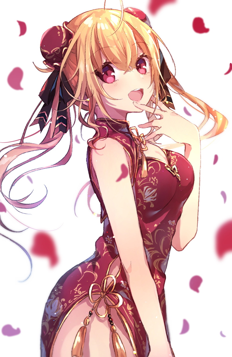 anime girls, blonde, dress, simple background, open mouth, Chinese dress, red dress, red eyes, artwork, digital art, 2K, Virtual Youtuber, rose petals