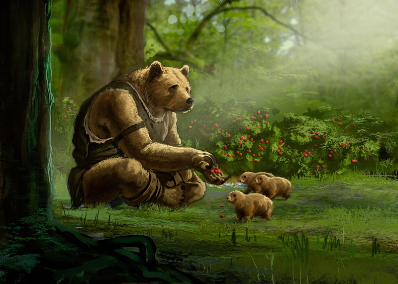 brown, ursa, water, day, grass, female animal, animal, 2K, outdoors, mammal, cat, forest, painting, bear, animal wildlife, cute, group of animals, no people