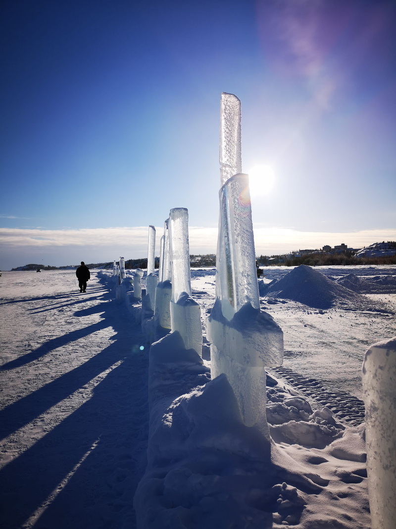 architectural column, land, person, cold temperature, wooden post, iceberg, ice, sky, frozen, covering, scenics - nature, snow, canada, glacier, 2K, yellowknife