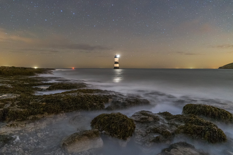 Point, lighthouse  beach, landscape, night, night time, Starlight, coastline, penmon, lighthouse, stars, Surf, coast, nightscape, sea, dark, nature, long exposure
