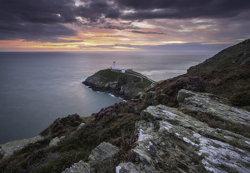 cliffs, yellow, lighthouse, coastline, Autumnal, cliff, body, Vario-Sonnar, cloudscape, calm, South Stack, T* 2, sea  island, sky, landscape, yellow sky