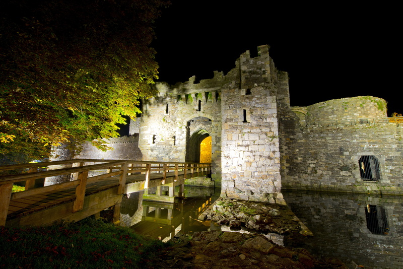5K, fortress, bridge, Beaumaris Castle, castle, ditch, night, stones.trees, UK, North Wales