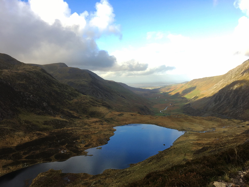 lake, day, half, sky, landscape, scenics - nature, way, blue, tranquility, glyder, mountain range, cloud - sky, beauty in nature, water, reflection, tranquil scene