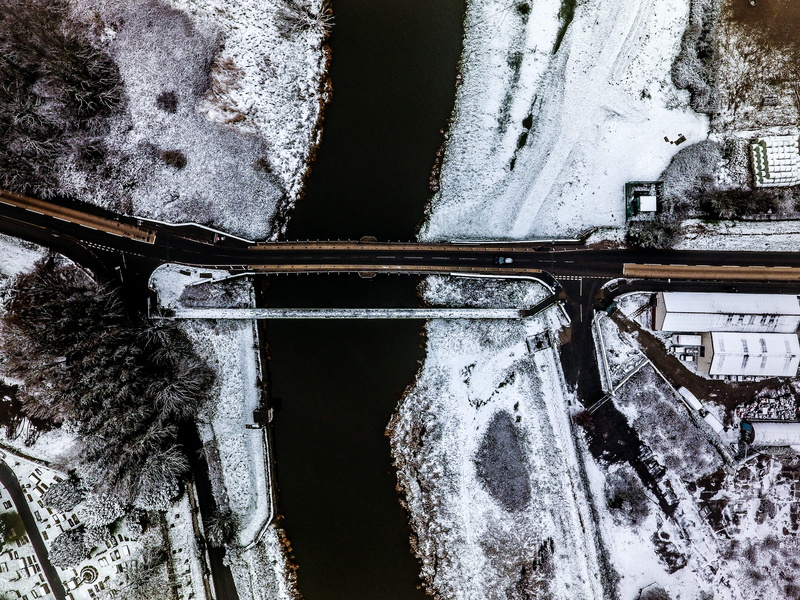 transportation, street, 4K, traffic, rhuddlan, ice, looking down, outdoors, area, city, north wale, cold, nature, lake, weather, view, shore, no People