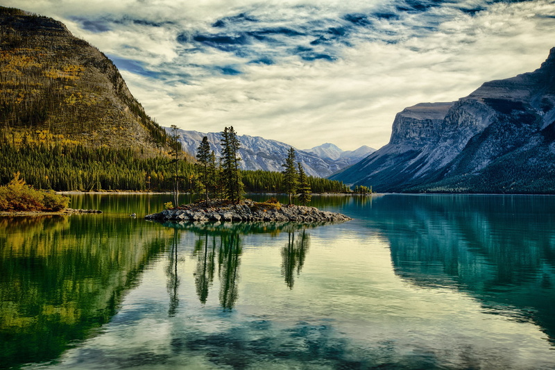 mountain, Minnewanka, reflection, beauty in nature, scenics - nature, Albert, 1080P, autumn, water, cloud - sky, lake, tree, trees, tranquility, banff national park
