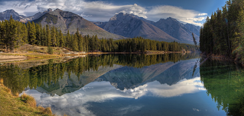 lake Johnson, outdoors, mountains, plant, scenics - nature, no people, coniferous tree, Johnson Lake, Canadian Rockies, environment, idyllic, forest, snowcapped mountain