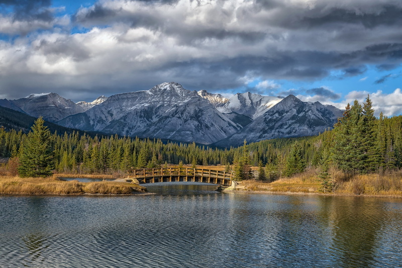 mountains, Cascade Pond, Bankhead, Albert, Alberta, lake, Banff National Park, bridge, Rocky Mountains, forest, 1080P, Canada