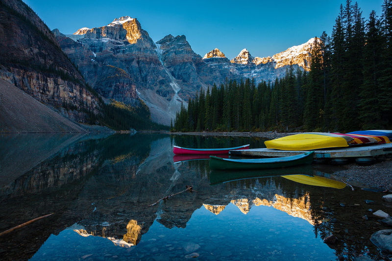 lake, Moraine, mountains, tops, Alberta, Banff, landscape, forest, Moraine Lake, reserve, national Park, rocks, nature, stones, boats, 1080P, reflection