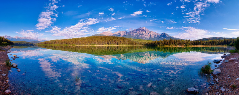 reflection, clouds, lake, the bottom, Jasper, forest, autumn, view, 8K, mountains, water surface, symmetry, Albert, national Park, blue sky, mirror, Canada