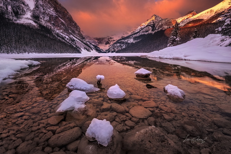Louise, winter, January, morning, rocky mountains, 1080P, light, Albert, Canada, Banff national Park, glacial lake