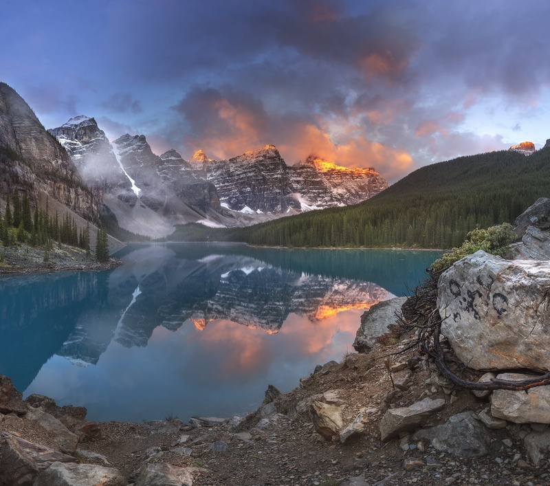 forest, landscape, lake, Banff, clouds, nature, national Park, 1080P, Canada, mountains, morning, reflection, Albert, Moraine, rocks, Moraine Lake, reserve