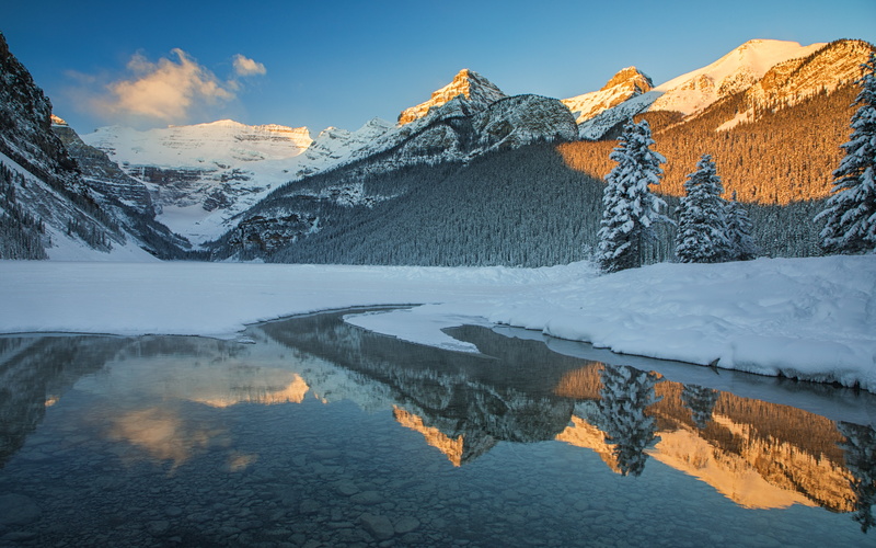 forest, lake, Albert, snow, Canada, Canadian Rockies, Alberta, winter, mountains, Banff National Park, ate, 5K, reflection, Lake Louise