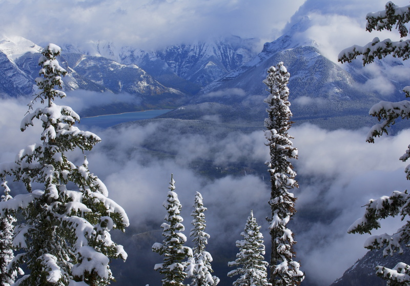 Canada, Banff National Park, winter, Alberta, 5K, trees, Canadian Rockies, mountains, Lake Minnewanka, Banff, Albert, snow, clouds, lake