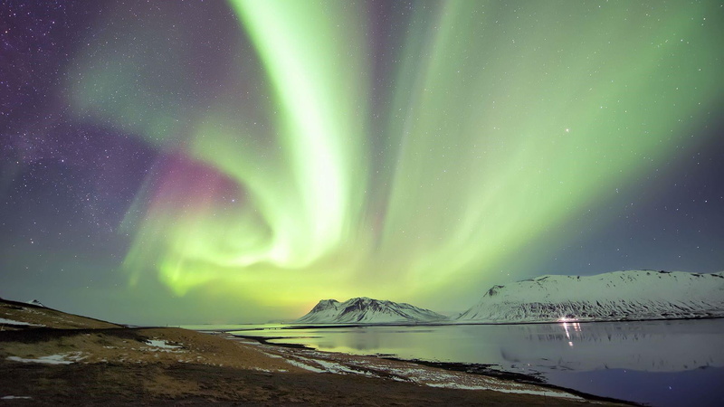 polar lights, winter, northern lights, star - space, power in nature, snaefellsnes, mountain, phenomenon, astronomy, ice, night, environment, snow, fjord