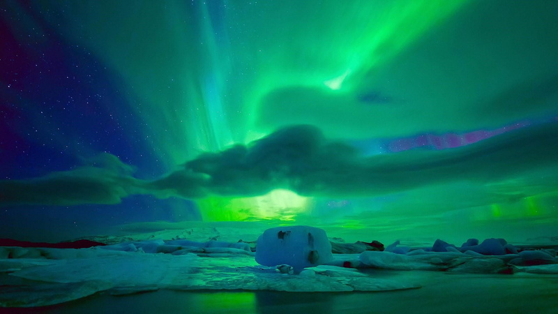 sky, night, snow, phenomenon, ice, northern lights, aurora polaris, no people, 1080P, cold temperature, green color, tranquil scene, scenics - nature