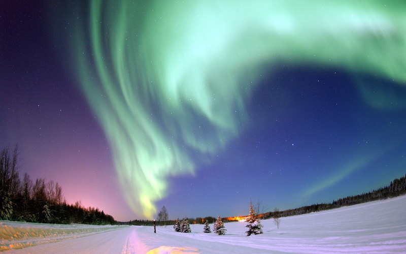Winter, land, green color, environment, Polar lights, Stars, 1080P, night, tranquility, snow, mountain, illuminated, beauty in nature, cold temperature