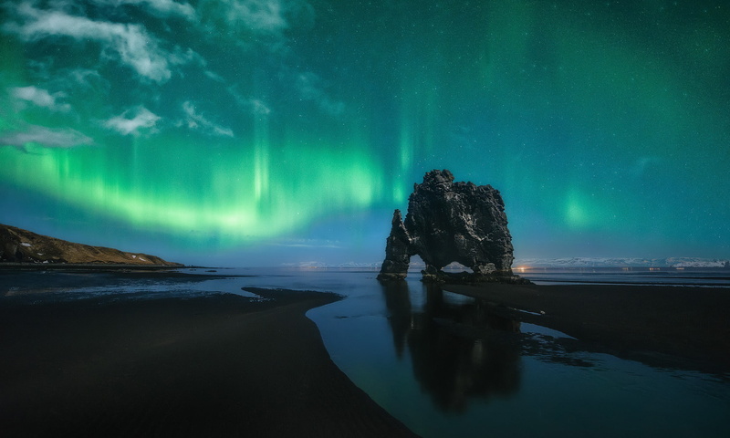 1080P, rock, Polar lights, the ocean