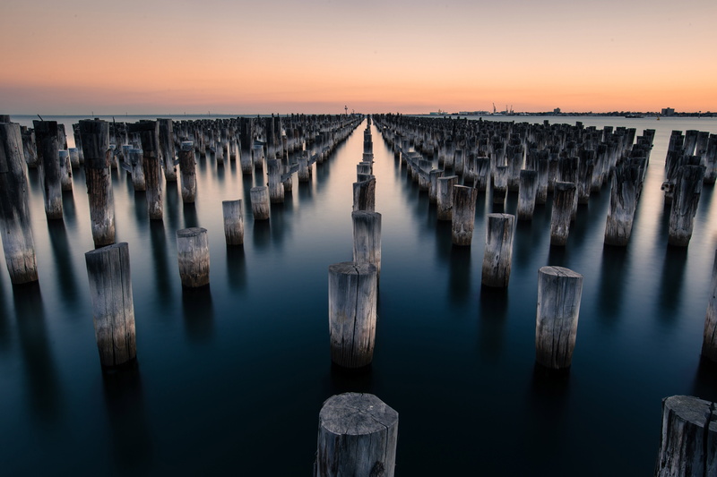 post, Australia, pegs, Port of Melbourne, public domain, groyne, photo, reflection, scenic, water, scenics - nature, wood - material, in a row, port, idyllic