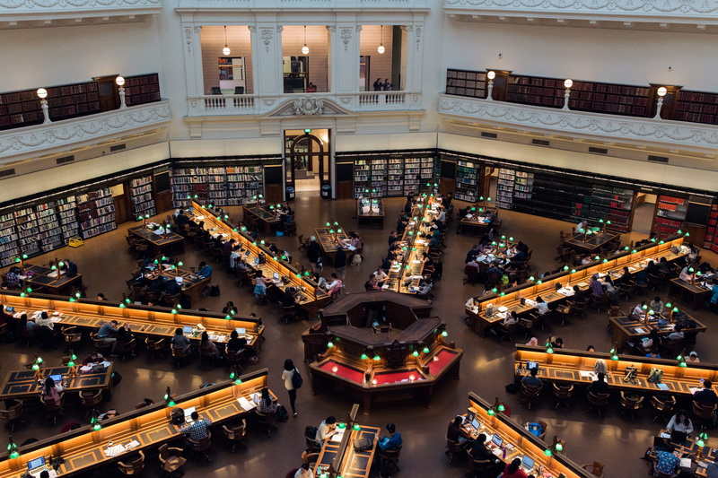 illuminated, high angle view, land vehicle, building exterior, books, work, study, built structure, motor vehicle, architectural column, city, 5K, state library of victoria