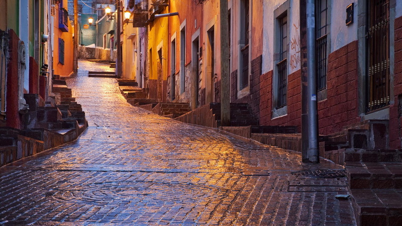 lights, alley, wet, uphill, 1080P, rain, cobblestoes, nature and landscapes