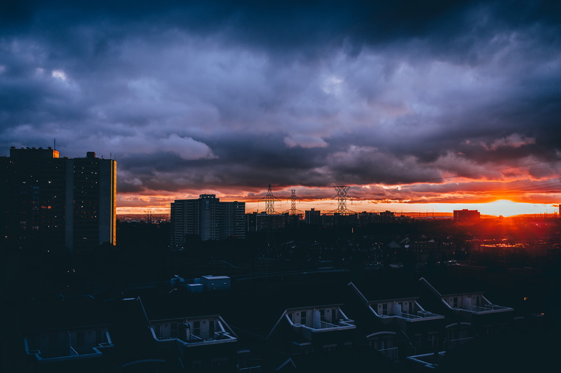 sunset, orange color, cloud - sky, illuminated, horizon, building, beautiful, buildings, powerlines, built structure, 5K, city, canada, silhouette, office building exterior