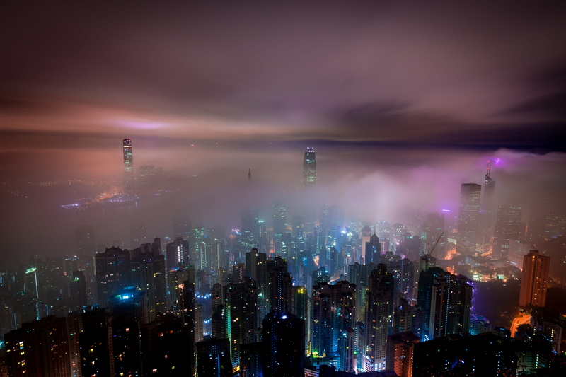 hazy, city lights, buildings, murky, evening, 5K, skyscrapers, skyscraper, misty, building exterior, travel destinations, building, nighttime, no people