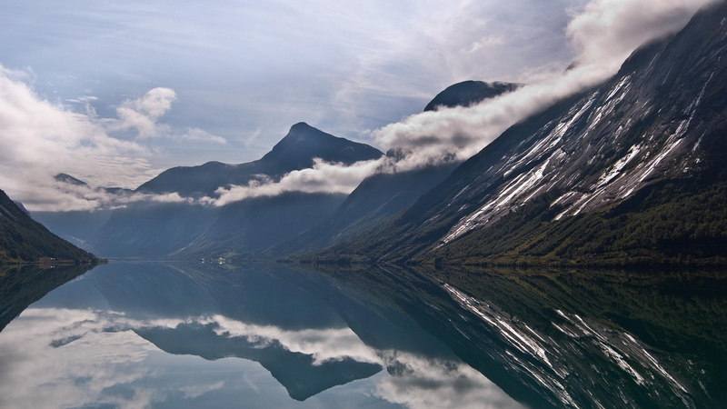 clouds, fjord, nature and landscapes, serenity, norway, northern, reflection, 1080P, mountains